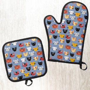 Set De Manoplas Fun Kitty Cat Pattern Blue