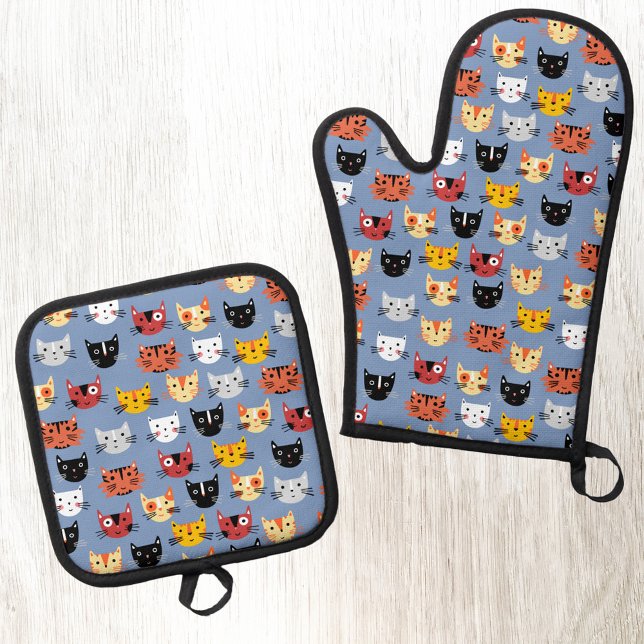 Set De Manoplas Fun Kitty Cat Pattern Blue (Fun kitty cat pattern blue kitchen oven glove or mitt and pot holder)