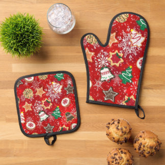 Set De Manoplas Galletas de Navidad y Copos de Nieve en Rojo