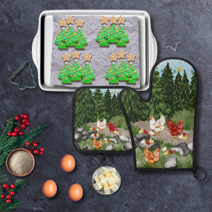Set De Manoplas Gallinas, pollitos y copos de nieve azul claro