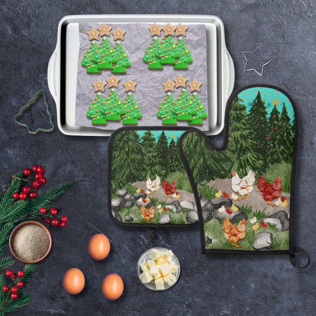 Set De Manoplas Gallinas, pollitos y copos de nieve azul turquesa (Subido por el creador)