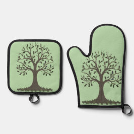 Set De Manoplas Gant de Cuisine et Manique Arbre de Vie Vert Pâle
