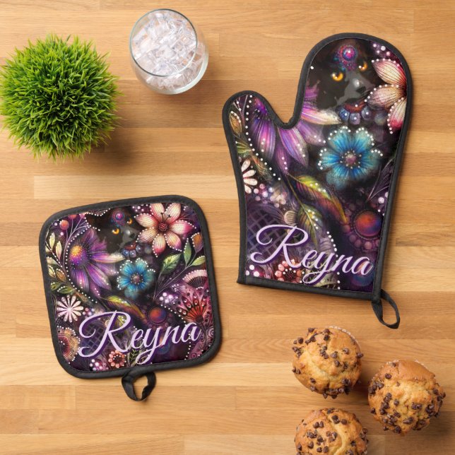 Set De Manoplas Garden Kitty Cat Floral Abstract Personalized (De arriba hacia abajo)