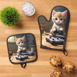 Set De Manoplas Gatito jugando consola de juegos,