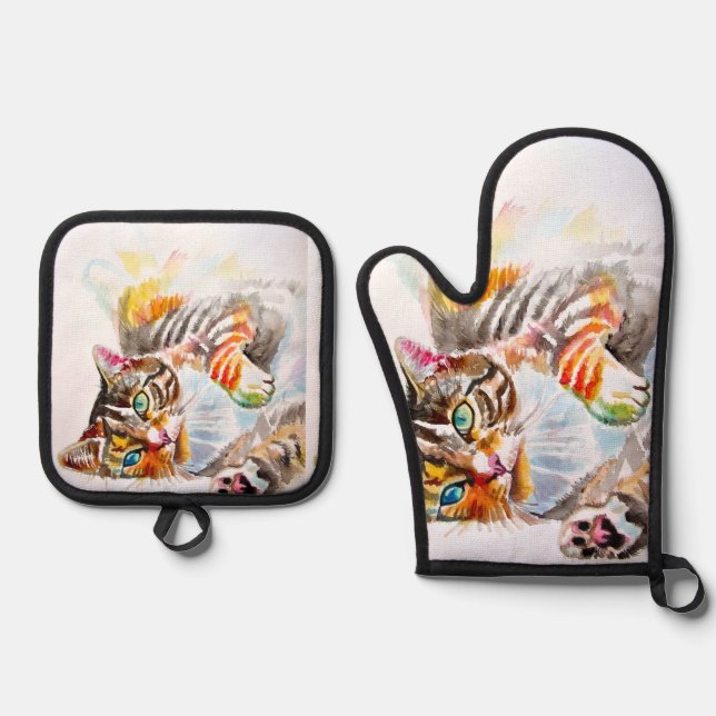 Set De Manoplas Gato atigrado lindo Gatos alegres Navidad Madres  (Anverso)