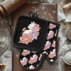 Set De Manoplas Gato Blanco Floral Pastel Botánico Romántico Negro