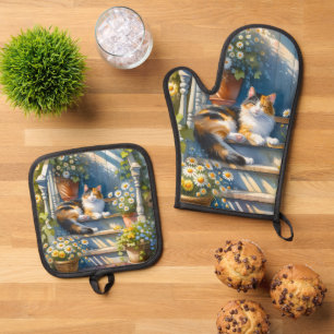 Set De Manoplas Gato de Calico en Cottagecore de porche floral