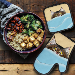 Set De Manoplas Gato de Tabby Peeking Blue Funny