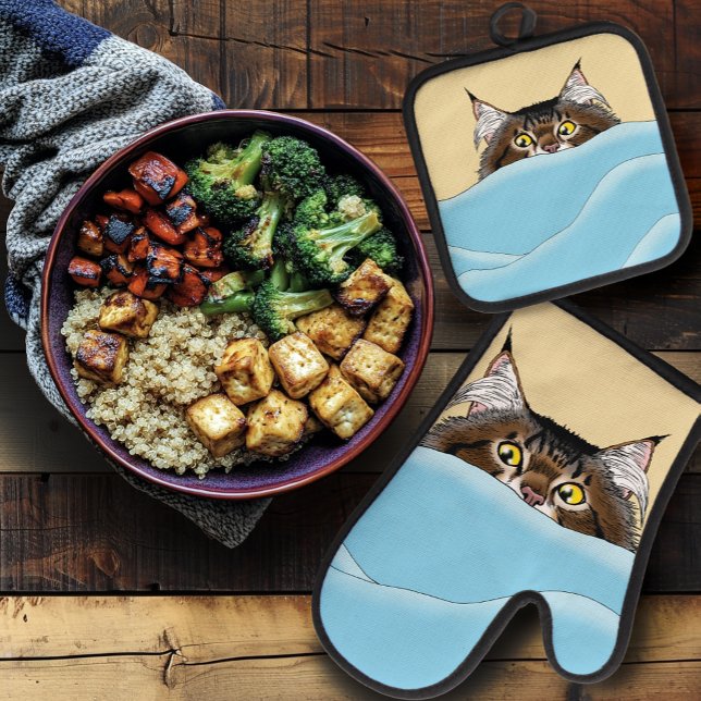 Set De Manoplas Gato de Tabby Peeking Blue Funny (Subido por el creador)