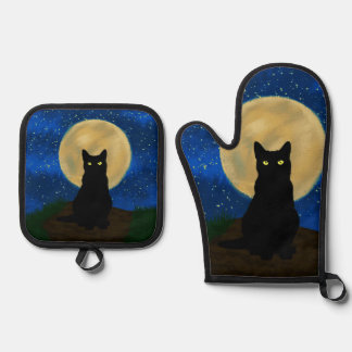 Set De Manoplas Gato negro de Halloween silueta bajo la luz de la