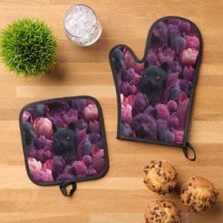 Set De Manoplas Gato negro surrealista y patrón floral de peonía r