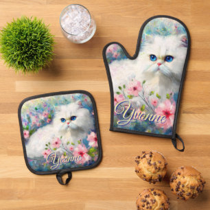 Set De Manoplas Gato Persa Ojos Azules en Flores Rosas Personaliza