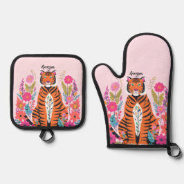 Set De Manoplas Gato Salvaje Tigre Rosa Personalizado