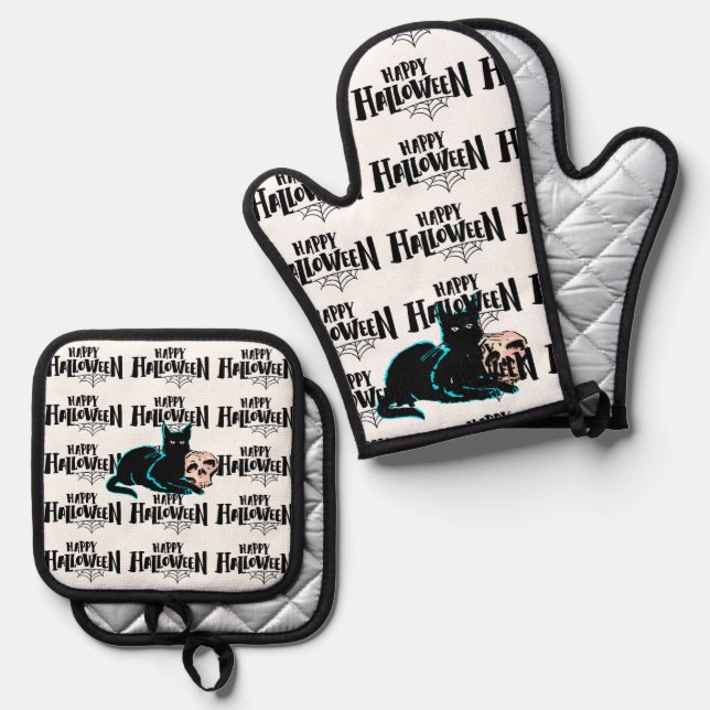 Set De Manoplas Gato y cráneo Feliz Halloween (Anverso/Reverso)