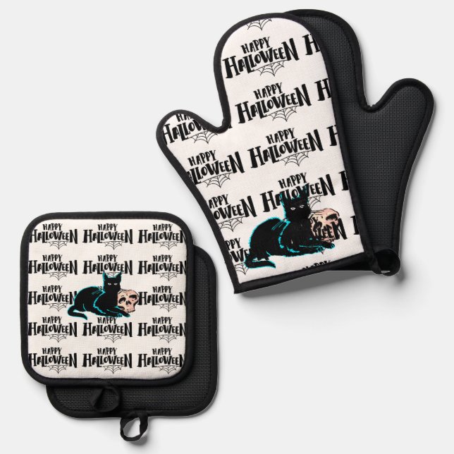 Set De Manoplas Gato y cráneo Feliz Halloween (Anverso/Reverso)