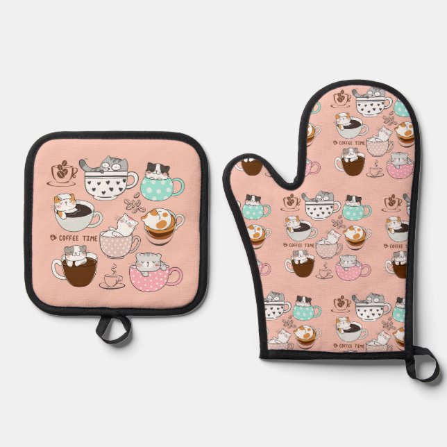 Set De Manoplas Gatos en tazas de café (Anverso)