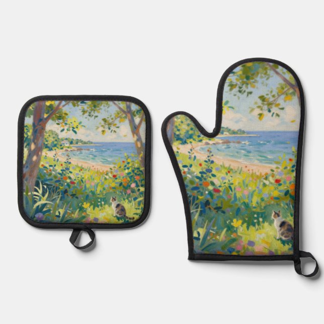Set De Manoplas Gatos Flores Y Mar (Anverso)