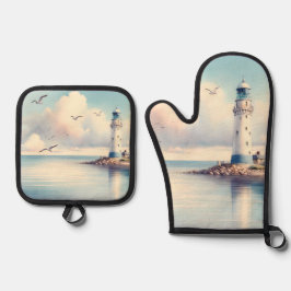 Set De Manoplas Gaviotas de faro costero Cielo pastel Serenidad