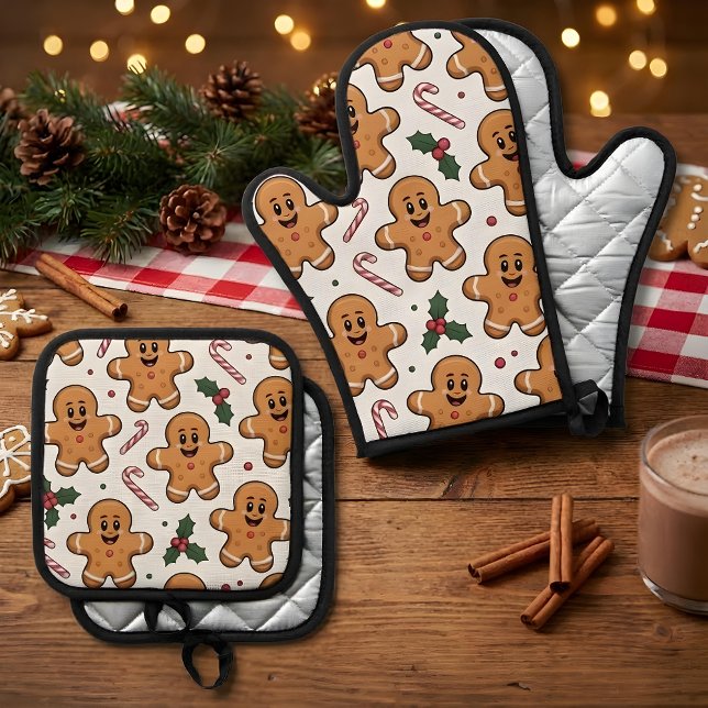 Set De Manoplas Gingerbread Candy Canes & Holly Sprigs Christmas (Gingerbread Men Candy Canes and Holly Sprigs on a White Background Christmas Oven Mitt & Pot Holder )