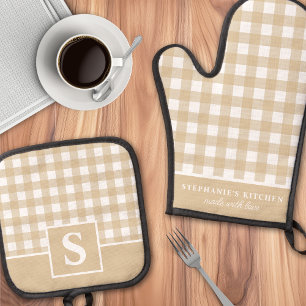 Set De Manoplas Gingham de cuadros monogramado blanco y bronceado