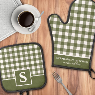 Set De Manoplas Gingham de cuadros verde oliva monogramado