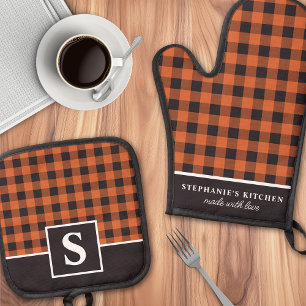 Set De Manoplas Gingham Negro Naranja Monograma de Cocina de Otoño