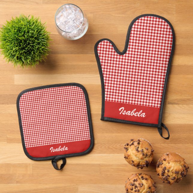 Set De Manoplas Gingham Rojo (De arriba hacia abajo)
