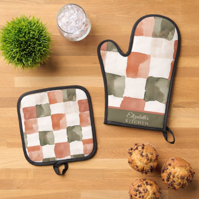 Set De Manoplas Gingham Terracota y Verde (De arriba hacia abajo)
