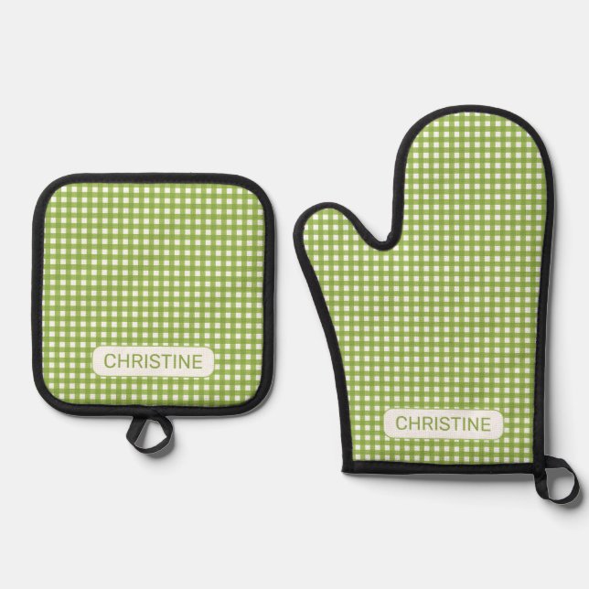 Set De Manoplas Gingham verde claro de primavera (Anverso)