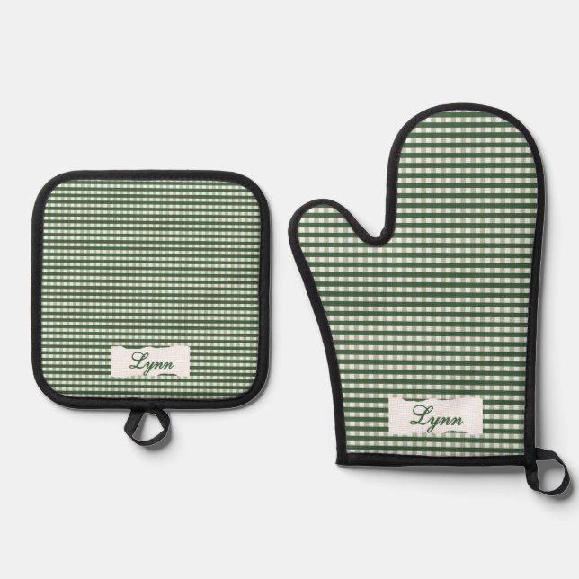 Set De Manoplas Gingham Verde y Blanco Clásico | Nombre Personaliz (Anverso)