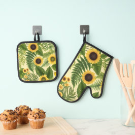 Set De Manoplas Girasol y helechos Acuarela