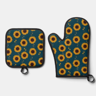 Set De Manoplas Girasoles Amarillos Art Nouveau Retro Floral Rayas