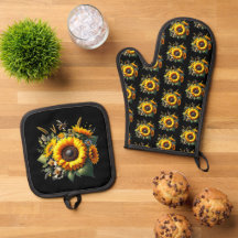Girasoles en manoplas de horno negras y salvamante