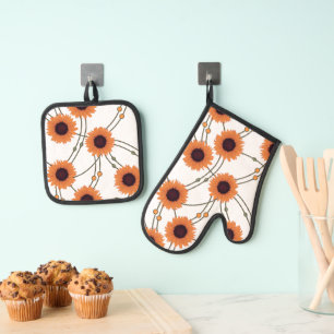 Set De Manoplas Girasoles naranjas florales retro al azar Art Nouv