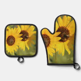 Set De Manoplas Girasoles Silvestres y Abejas Estilo Casa de Campo