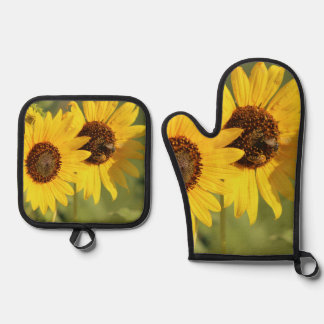 Set De Manoplas Girasoles Silvestres y Abejas Estilo Casa de Campo