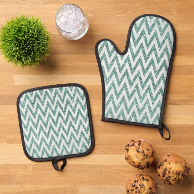 Set De Manoplas Glitzy Green White Chevron Strips Navidades (De arriba hacia abajo)