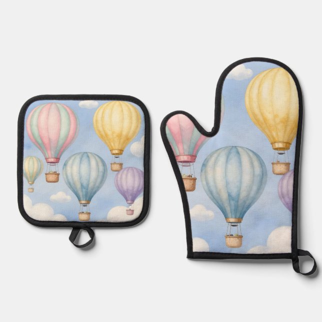 Set De Manoplas Globos aerostáticos pastel cielo (Anverso)