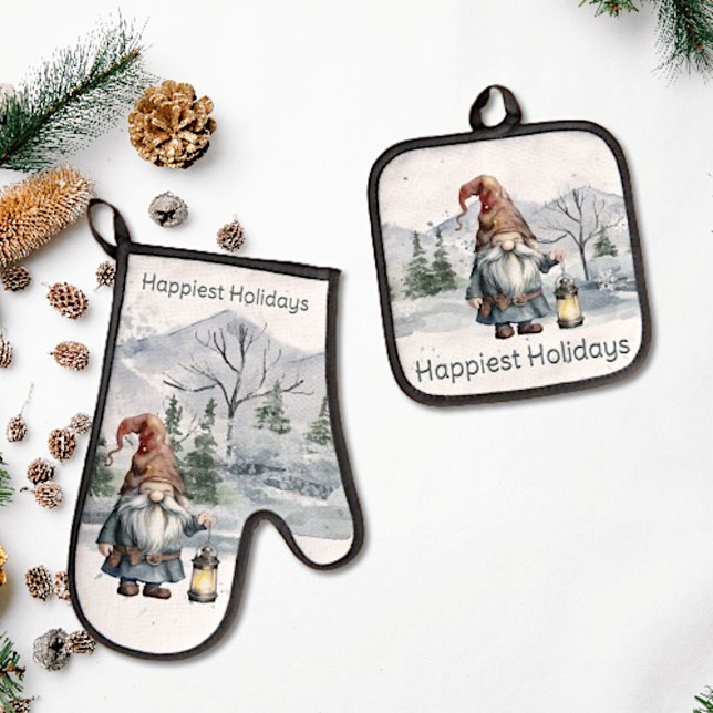 Set De Manoplas Gnome de Navidades de invierno acuarela (Watercolor Winter Christmas Gnome Oven Mitt and Pot Holder Sert)