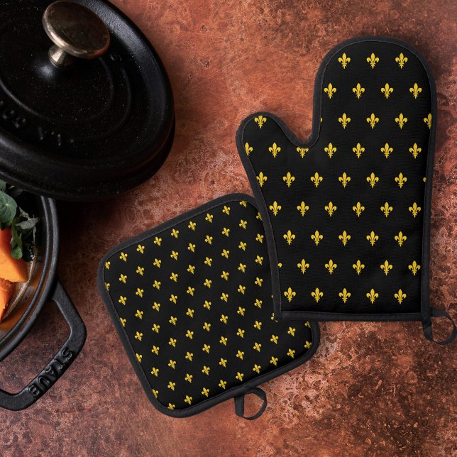 Set De Manoplas Gold Fleur de Lis Black (Gold Fleur de Lis Black Oven Mitt & Pot Holder Set)