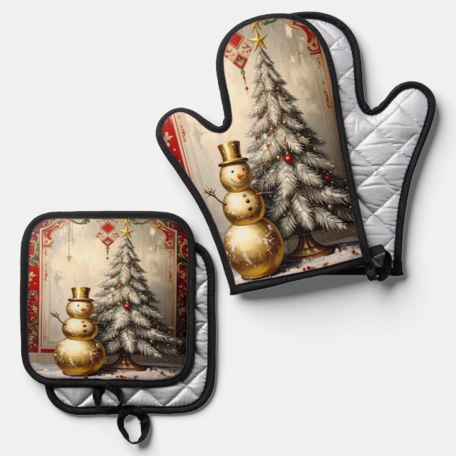 Set De Manoplas Gold Snowman Christmas Tree (Anverso/Reverso)