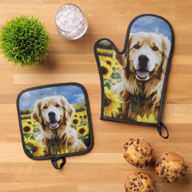 Set De Manoplas Golden Retriever in a Sunflower Field (De arriba hacia abajo)