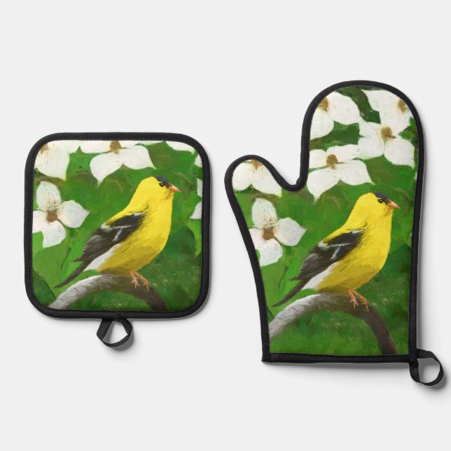 Set De Manoplas Goldfinch en Dogwood florece arte de aves original (Anverso)
