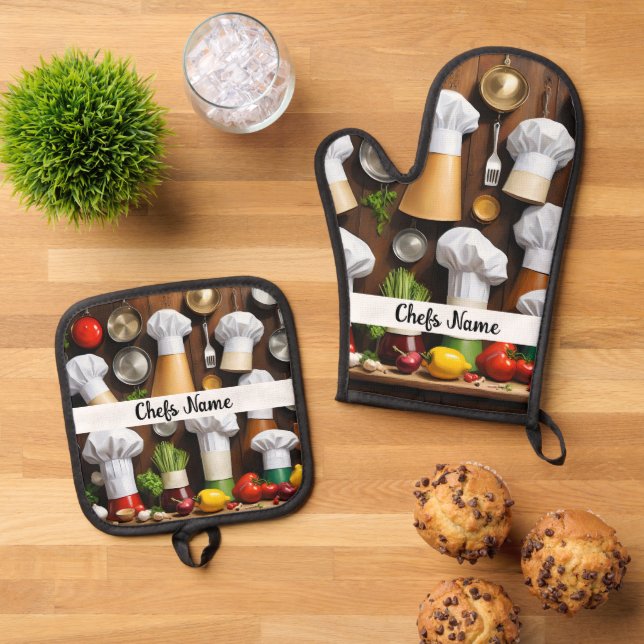 Set De Manoplas Gorros de Chef Personalizados   (De arriba hacia abajo)