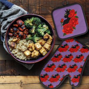 Set De Manoplas Gótico Gato Negro Rosas Rojas Púrpura