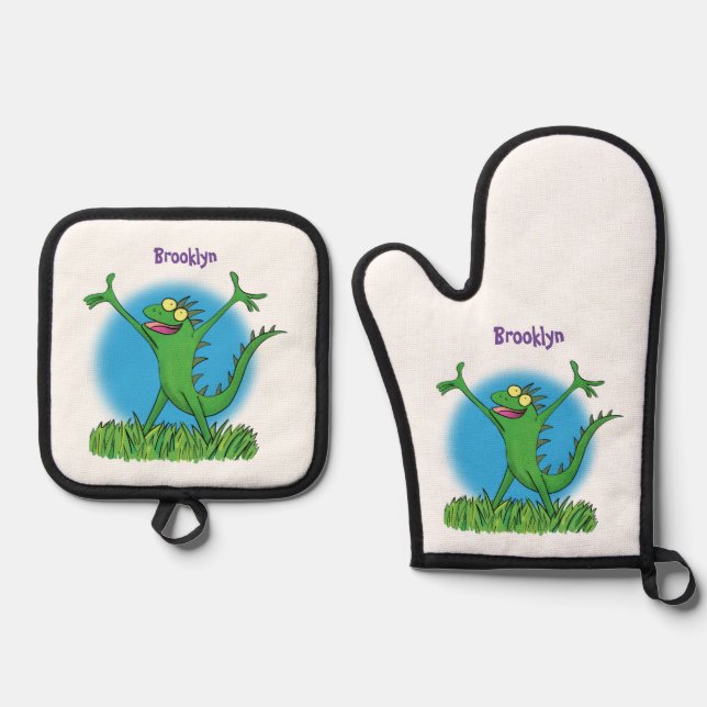 Set De Manoplas Gracioso lagarto de iguana con sonrisa verde (Anverso)