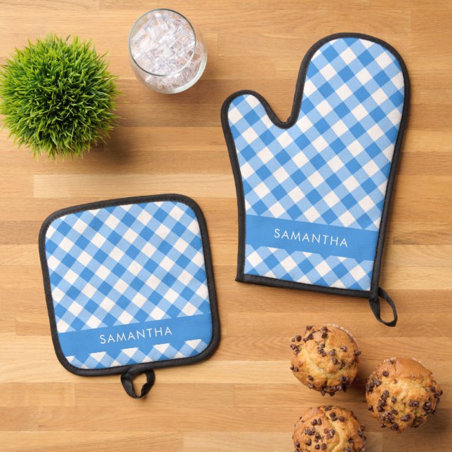 Set De Manoplas Granja De Gingham Azul Y Blanco Personalizada (De arriba hacia abajo)