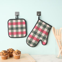 Set De Manoplas Granja roja y verde Gingham