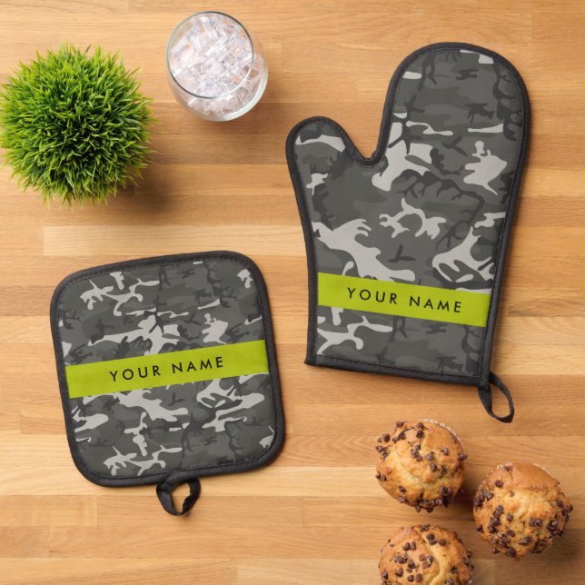 Set De Manoplas Gray Camouflage Pattern, Your name, Personalize (De arriba hacia abajo)