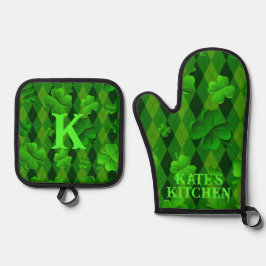 Set De Manoplas Green Argyle Clover Irish Personalizado